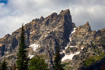Jagged Mountain peek with Snow and pine tree landscape