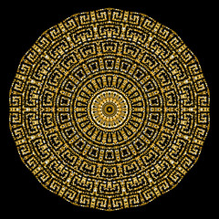 Gold glittery shiny greek vector mandala pattern. Flower. Ornate floral ancient background. Geometric round glitters pattern. Greek key meander glowing ornament with circles, gold dust, dots, spray