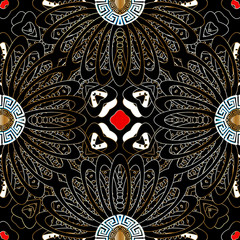 Floral vector seamless pattern. Ornamental modern background. Dark black abstract flowers, leaves. Geometric repeat backdrop. Greek key meanders ornament. Round greek mandalas, Symmetrical design