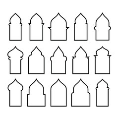 Arabic arch window and doors black set isolated on white background. Vector illustration. EPS 10.