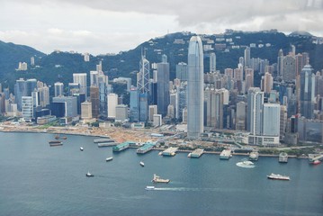 Hong Kong's Victoria Harbour, the tall buildings of the financial business district.