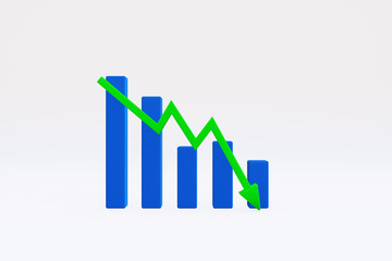 3D rendering - Graph trending downwards, Arrow pointing down on bar chart, 3D illustration