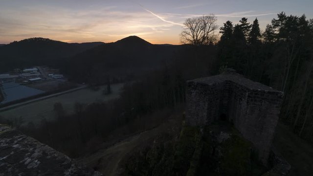 Timelapse video, sunrise, Neudahn Castle located in the Palatine Forest, Rhineland Palatinate, Germany.
