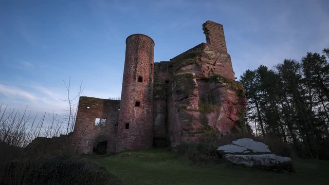 Timelapse video, sunset, Neudahn Castle located in the Palatine Forest, Rhineland Palatinate, Germany.
