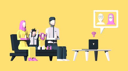 vector illustration of a family doing video cal to grandpa and grandma during Eid Al Fitr Day, to make social distancing due to COVID-19 issues.