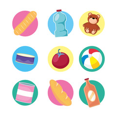 set of groceries and toys set icons
