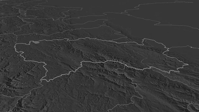 Jun&iacute;n, region with its capital, zoomed and extruded on the bilevel map of Peru in the conformal Stereographic projection. Animation 3D