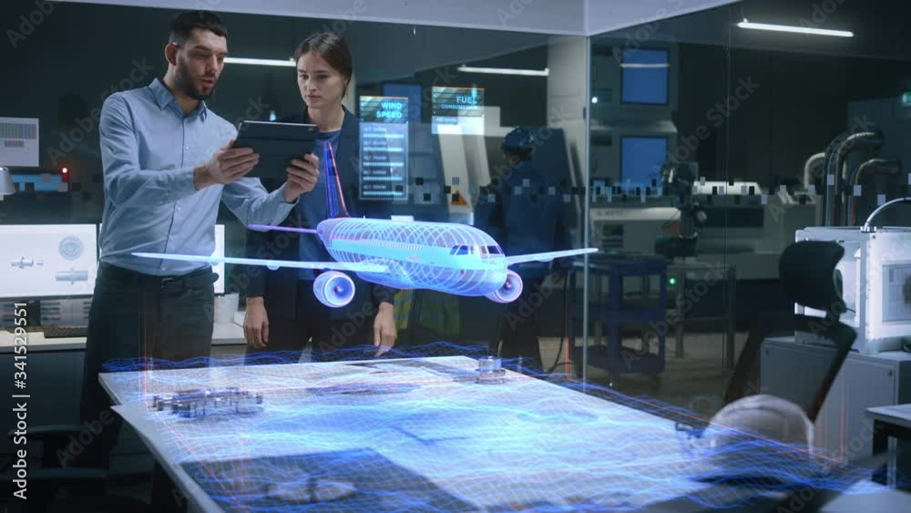 Poster aeronautics factory office meeting room: engineer holds tablet computer, showing augmented reality a