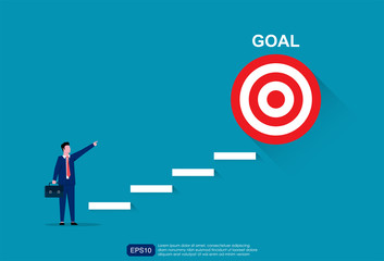 Businessman character aiming to the goal or target illustration. Stair to the success target in business vector template