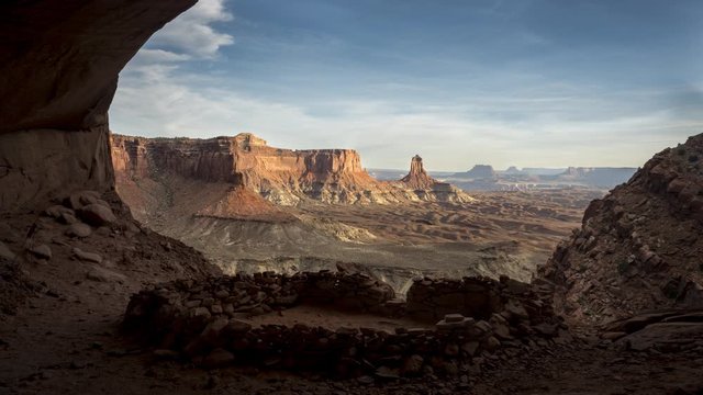 Anasazi Stone Circle and Spectacular Canyonlands, Red Rocks Background Sunset Timelapse