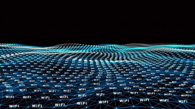 4k abstract Digital blue Wave of particles with text wifi dance motion on wave and light.Futuristic dots background with a dynamic wave.Big data.Cyber or technology background.