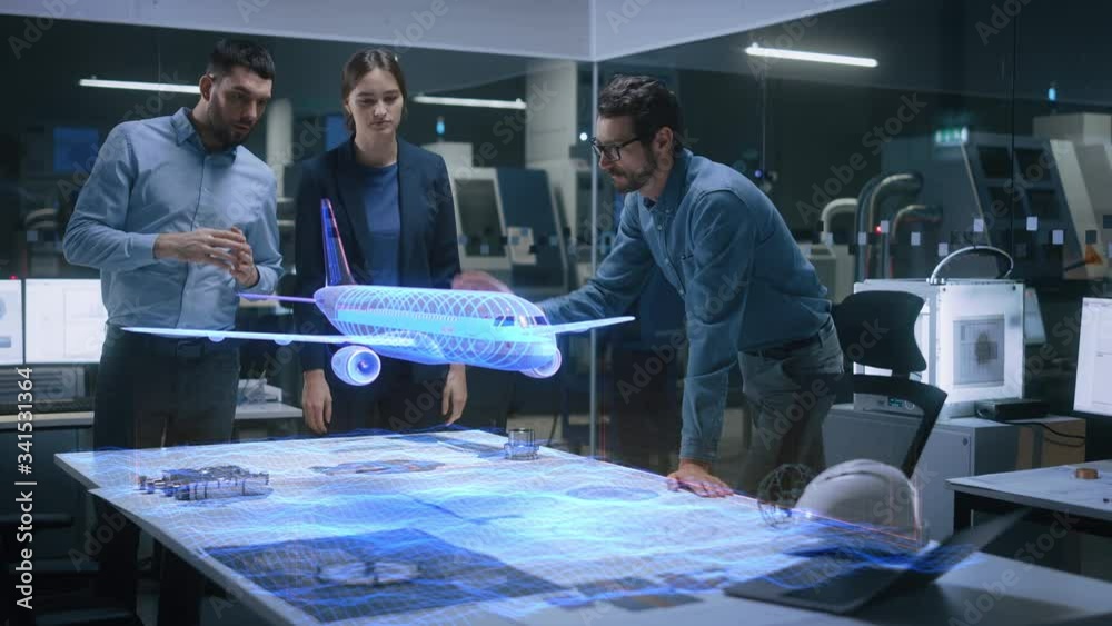 Aufkleber Aeronautics Factory Office Meeting Room: Team of Diverse Engineers and Managers Work on an Augmented Reality Airplane Jet Engine Simulation. Modern Industry 4.0 Research and Development Test.