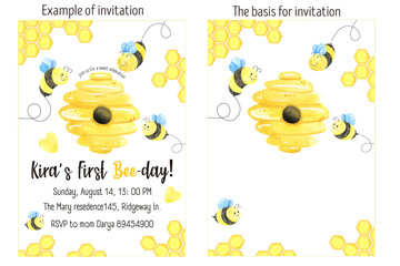 Watercolor cute bees invitation card, greeting card. Honey, summer theme. Bug illustrations, honey, beehive funny beetle. Honeycomb background. Honey design. Baby shower, birthday invitation card