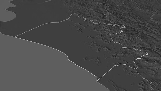 Lambayeque, region with its capital, zoomed and extruded on the bilevel map of Peru in the conformal Stereographic projection. Animation 3D