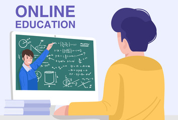 Online education, A student having video conference with teacher at home. Vector