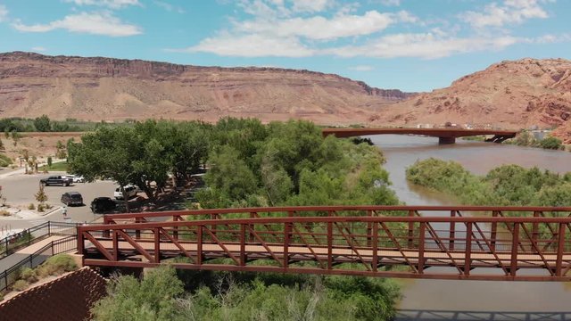 Colorado River near Moab, Utah. Arches National Park gateway, aerial view from drone
