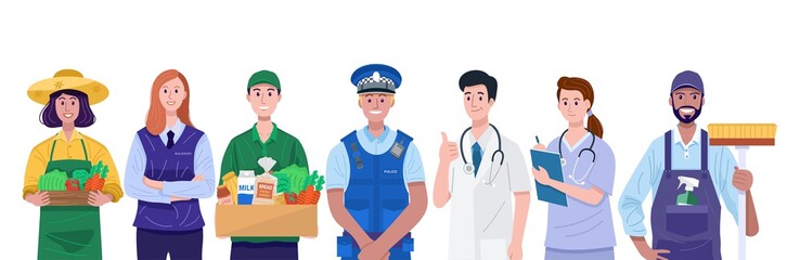 Essential workers, Various occupations people. Vector