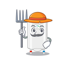 Cartoon character design of gas water heater as a Farmer with hat and pitchfork