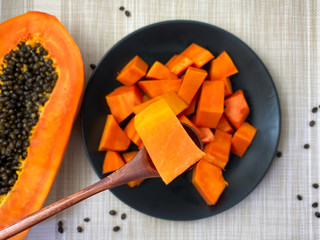 Holland papaya is cooked in a black plate.