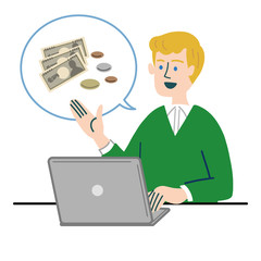 男性　外国人　ブロンド　パソコン  お金