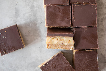 chocolate pieces on a white background