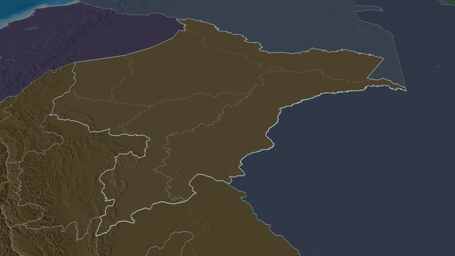 Loreto, region with its capital, zoomed and extruded on the administrative map of Peru in the conformal Stereographic projection. Animation 3D
