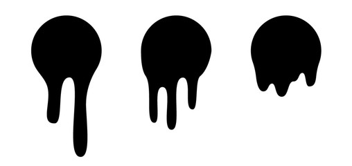 Melt drip stickers or circle labels. Vector liquid drops icons for graffiti blob stickers. Black liquid or melted chocolate drips, current paint.