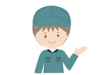 A man in work clothes guiding with a smile.