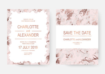 Marble wedding invitation cards design with rose gold texture.
