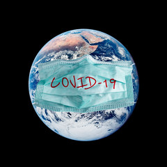 Planet earth wearing a face mask to prevent coronavirus infection