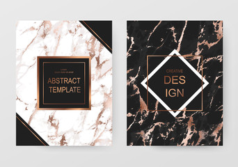 Black and white marble template design cards with copper  texture.