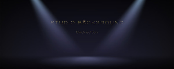 Black empty room illuminate two spotlights. Soft gradient. Dark studio can used for background and display brand or product. Black edition. Vector 3d illustration
