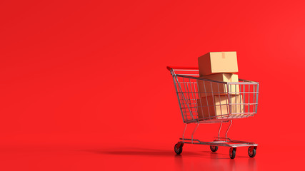 3d rendering online Shopping concept, Shopping cart with cardboard box on red background.