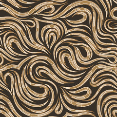 Seamless vector pattern of brush strokes isolated on a brown background. Gracefully flowing stripes of paint pastel colors on a dark background. Decoration for paper fabrics or website background.