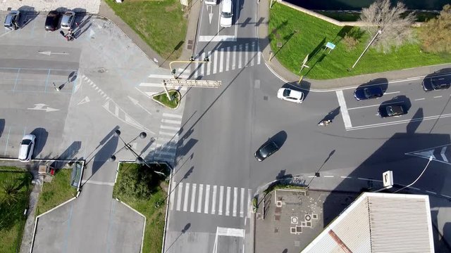 VIAREGGIO, ITALY - NOVEMBER 2019: Aerial overhead view of Viareggio and city traffic, Italy. Homes along ocean promenade