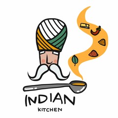 Indian kitchen logo, man with soup spoon with many spices smell cartoon vector illustration - 341542998