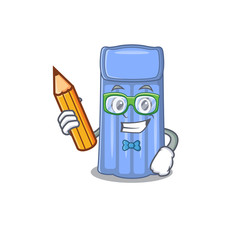 A brainy student water mattress cartoon character with pencil and glasses