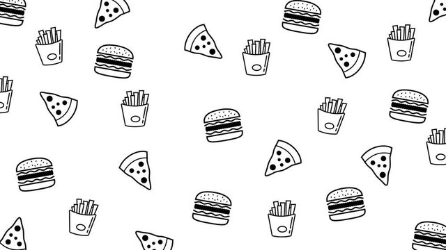 Minimal animated junk food icon background. Floating fast food icon pattern retro background. Abstract flat icon pattern. LOOP