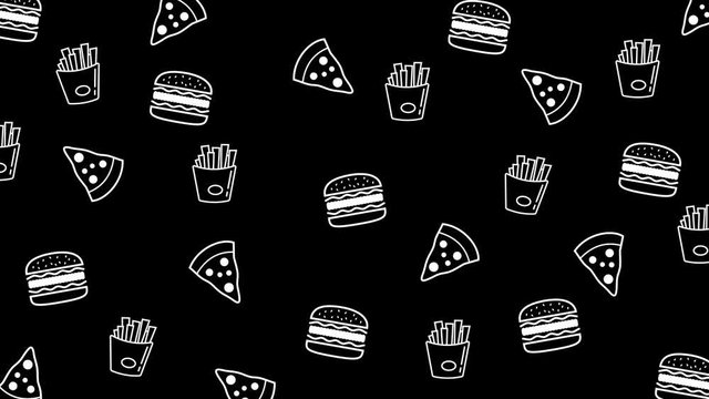 Minimal animated junk food icon background. Floating fast food icon pattern retro background. Abstract flat icon pattern. LOOP