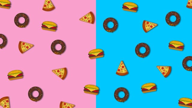 Minimal animated junk food icon background. Floating fast food icon pattern retro background. Abstract flat icon pattern. LOOP