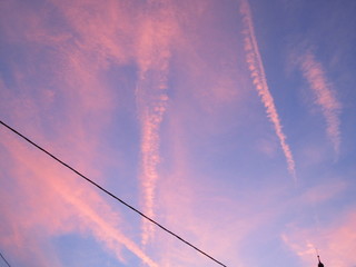 Fototapeta na wymiar Colorful evening sky with electric wire