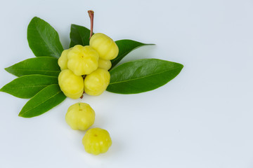 Fresh star gooseberry fruits with leaves ready to eat isolated from the tree on white background.