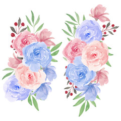 Watercolor rose flower bouquet illustration in pink blue