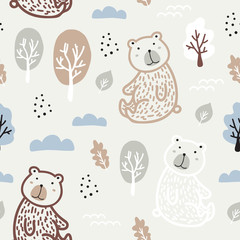 Semless woodland pattern with cute bear.