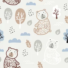 Wall murals Out of Nature Semless woodland pattern with cute bear.