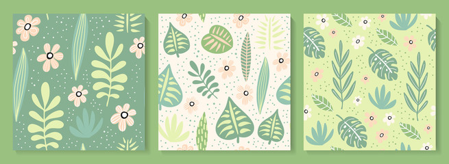 Abstract creative seamless patterns with tropical plants.