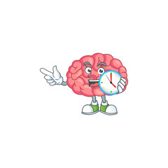Brain mascot design concept holding a circle clock