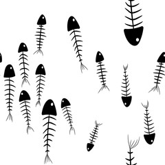 seamless pattern with silhouettes of black fish skeletons on a white background