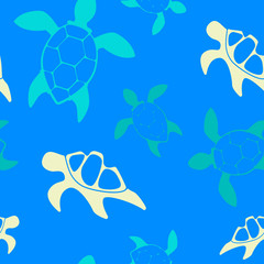 seamless pattern with bright colorful silhouettes of tropical turtles on a light blue background