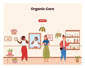 Organic cosmetic shop. Beauty spa salon. Woman try cosmetics in store. Concept illustration. Vector web site design template. Landing page website illustration.